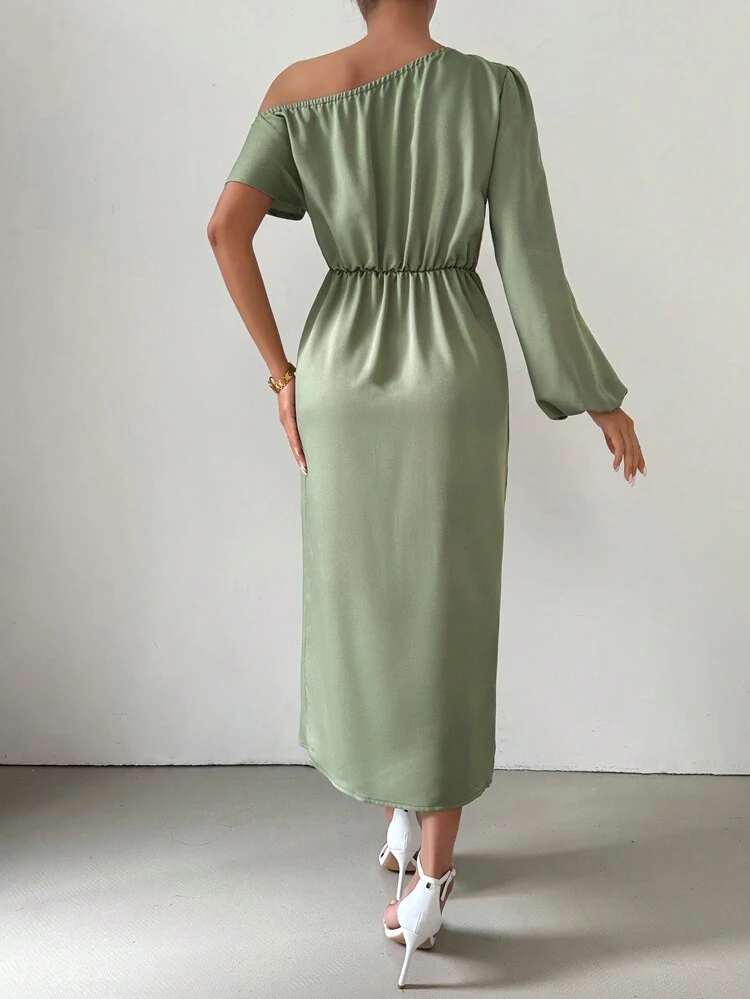 Women's Asymmetric Neck Lantern Sleeve Wrap And Hem Dress For Spring/Summer