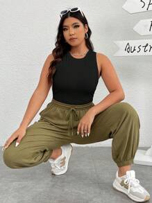 SHEIN EZwear 女士加大尺碼高彈性針織純色夏季背心上衣 - 黑色 - 查看 5