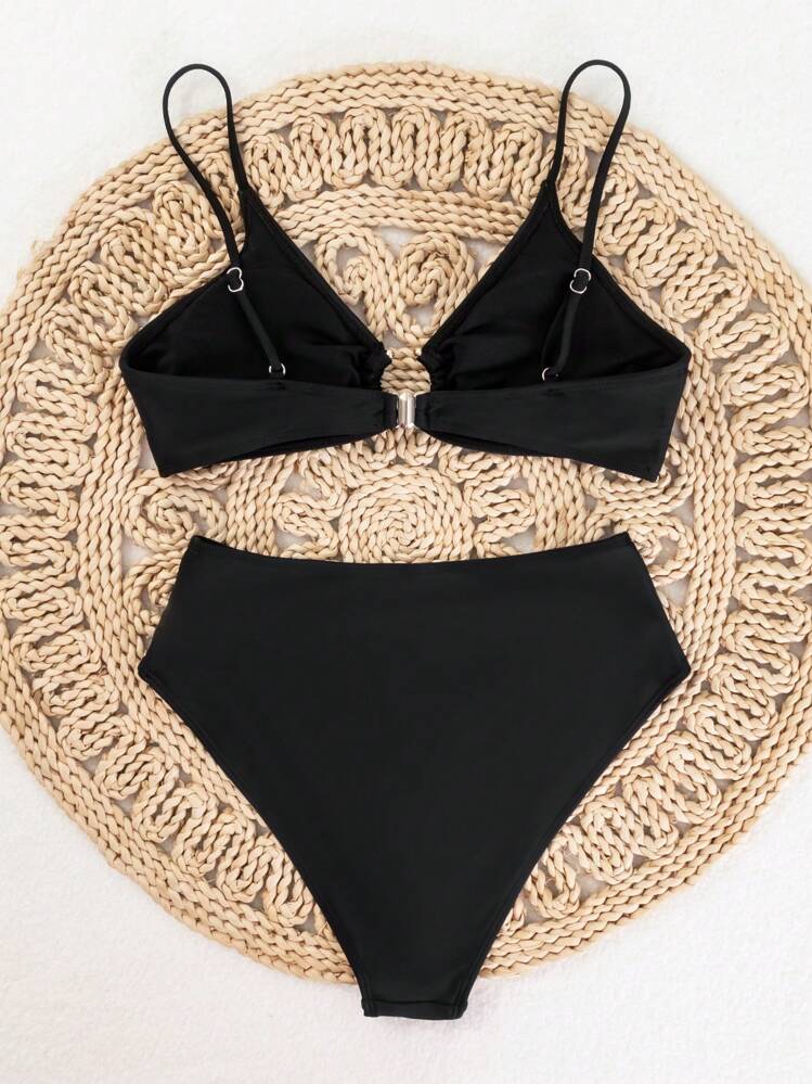 Swim Basics Ensemble de bikini avec bretelles spaghetti et détails d'anneau rond, pour la plage d'été - Noir - Voir 4