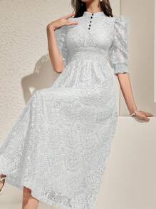 Modelyn Women's Bubble Sleeve Gathered A-Line Dress Maxi Women Outfit Long Evening Dresses - White - View 5