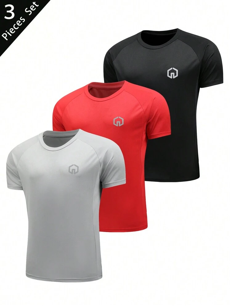 Boyfriend Style Men's Printed Sleeve Elastic Breathable Short Raglan Sleeve Sports T-Shirt Workout Tops 3-Piece Set