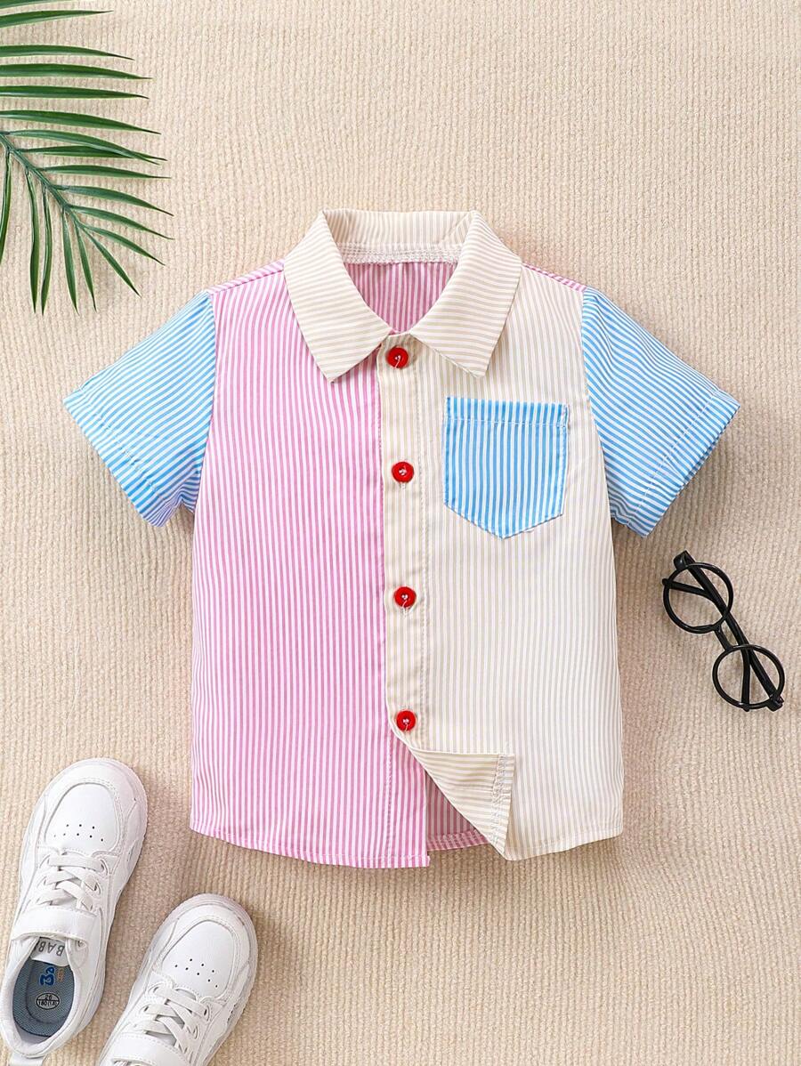 Camisa Listrada De Bloco De Cor Moda Para Meninos Na Época De Verão - Multicolorido - Visão 1