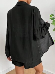 SHEIN EZwear Của phụ nữ mỏng Áo sơ mi 2 cái/bộ - màu đen - Xem 2