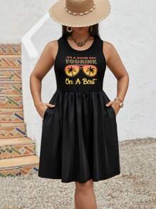 SHEIN VCAY Plus Size Beach Vacation Summer Printed Sleeveless Dress With Letter & Sunglasses Print, Coconut Tree Detail Pocket - Black - View 1