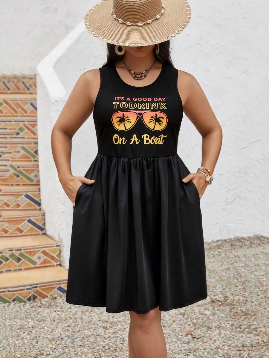 SHEIN VCAY Plus Size Beach Vacation Summer Printed Sleeveless Dress With Letter & Sunglasses Print, Coconut Tree Detail Pocket - Black - View 1