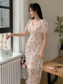 Dazy Designer Mùa hè giản dị Hoa In Cổ chữ V Váy bodycon - trái cam - Xem 6