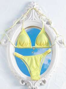 Swim Mod Solid Color Textured Halter Neck Bikini Set - Two-Piece , Summer Beach - Yellow - View 5