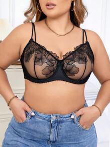 Plus Size Elegant Mesh Embroidery Underwire Design Bra (1pc) Lingerie