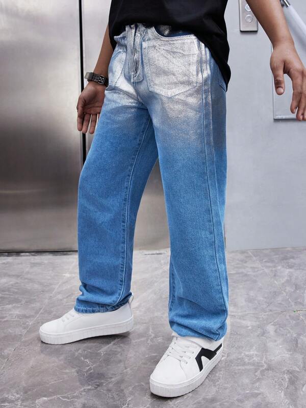SHEIN Tween Boy Metallic Casual Fashionable Washed Denim Jeans