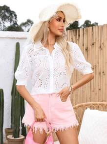 GENKIRA Hollow Out Puff Sleeve Embroidered Women's Casual Holiday Shirt - White - View 3