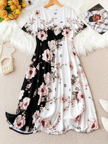 大码女式花卉印花圆领短袖连衣裙女装白色花卉连衣裙花朵连衣裙女式夏季 - 彩色 - 查看 2