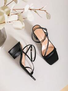 女士簡約風格厚底高跟派對度假涼鞋,帶踝束帶,黑色 - 黑色 - 查看 6