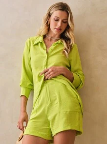 SHE(IN) BRASIL 素色前紐扣襯衫&短褲 - 青檸色 - 查看 7