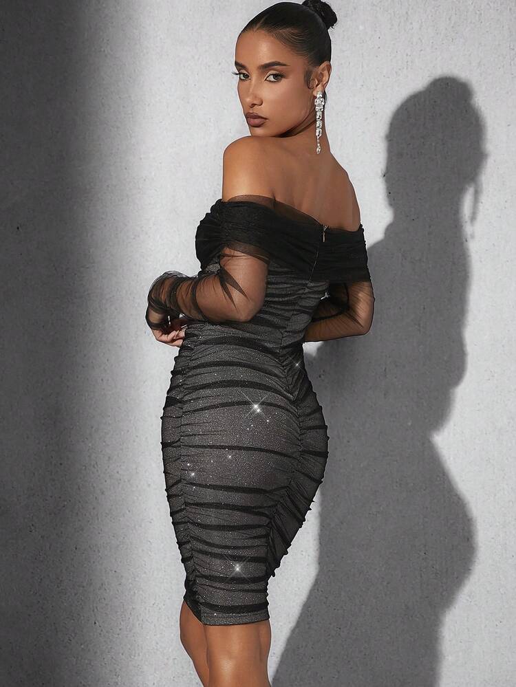 Glitter Off Shoulder Long Sleeves Ruched Dress