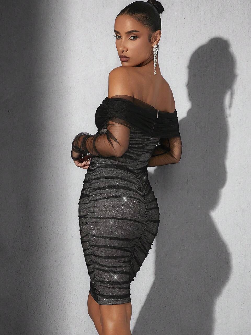 Glitter Off Shoulder Long Sleeves Ruched Dress