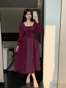 DAZY Vestido de mujer de unicolor con cuello cuadrado, manga de loto y ajuste en la cintura - Burdeos - Ver 3