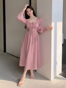 DAZY 女士實色方領氣泡袖腰帶束腰裙 - 珊瑚粉 - 查看 2