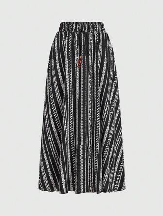 Hippie Women's Vintage Striped And Floral Print Casual Vacation Style Midi Skirt For Summer