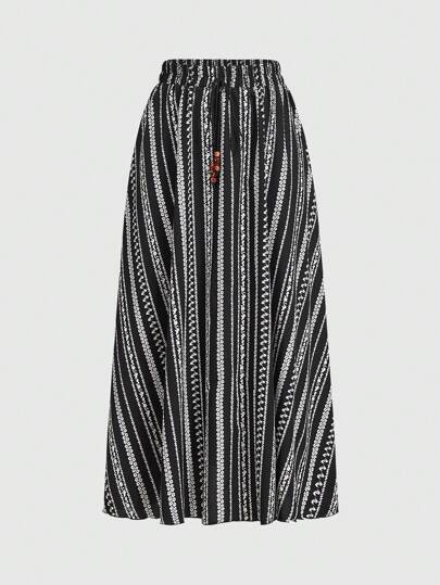 Hippie Women's Vintage Striped And Floral Print Casual Vacation Style Midi Skirt For Summer