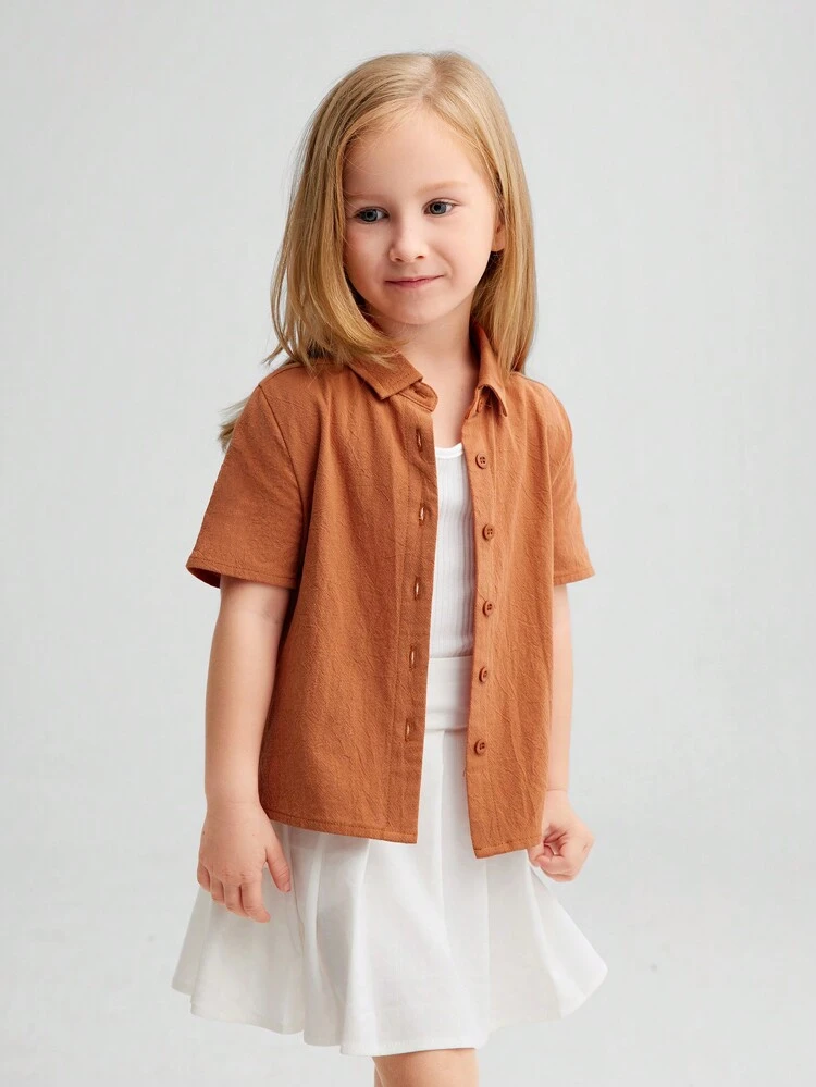 Young Girl Woven Short Sleeve Solid Color Casual Shirt