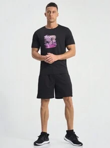 Manfinity Sport Corelite 男友风男士夏季休闲椰子树印花短袖运动T恤 - 黑色 - 查看 5