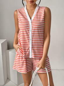 SHEIN Essnce 夏季休閒條紋拼接釦前無袖上衣和短褲套裝 - 彩色 - 查看 5