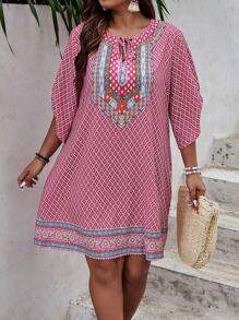 Breezaya Của phụ nữ Kích thước lớn Ngẫu nhiên In Đầm - Màu Hồng Tươi - Xem 4