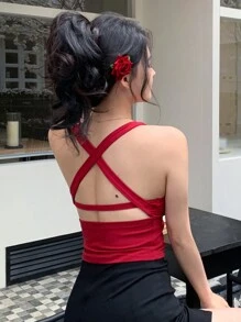 DAZY Women's Summer Round Neck Slim Fit Hollow Out Back Cross Strap Tank Top - Red - View 5