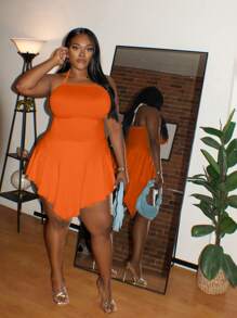 Slaydiva Plus-Size Summer Sleeveless Halter Neck Asymmetrical Hem Mini Dress With Straps - Orange - View 6