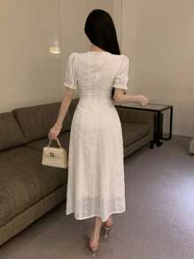 DAZY 提花网纱拼接甜心领修身短袖连衣裙，配腰带，生日舞会礼服，优雅女士连衣裙，长款连衣裙 - 白色 - 查看 2