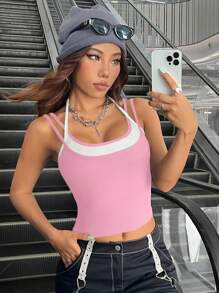 SHEIN EZwear 夏季顏色拼接設計連帽上衣和短褲,修身版型 - 粉色 - 查看 4