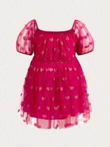 SHEIN CURVE+ 加大號愛心網袖泡泡袖連衣裙 - 玫紅色 - 查看 2