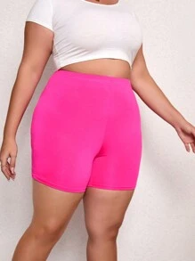 Plus Size Women Solid Color Skinny Leggings Shorts - Hot Pink - View 3