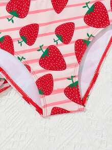 SHEIN 年輕女孩實色上衣＆草莓印花底部泳裝套裝 - 紅色 - 查看 4