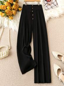 SHEIN LUNE Kích thước lớn Eo cao Màu thuần Rộng chân Quần Với nút Mặt trước - màu đen - Xem 1