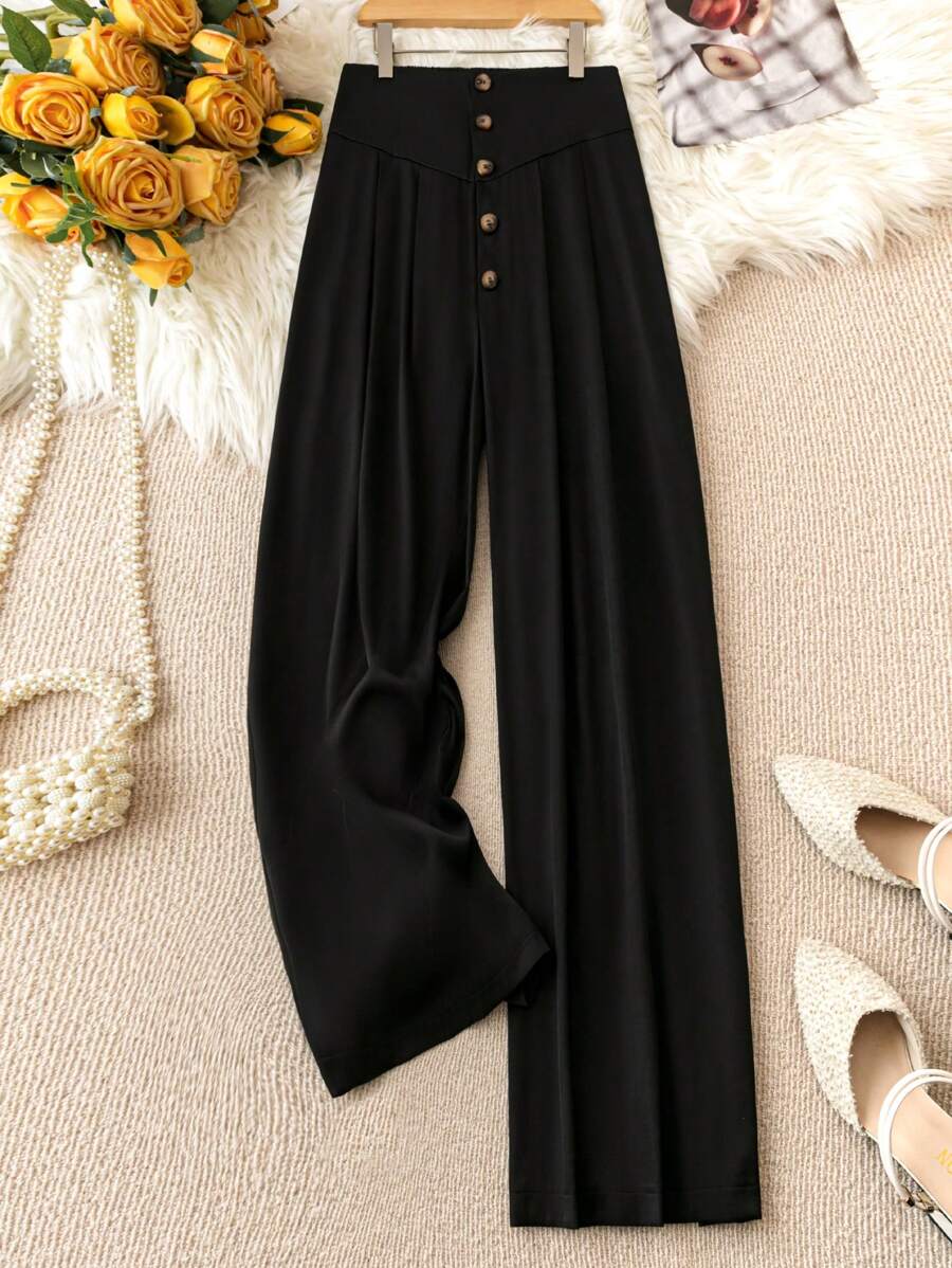 SHEIN LUNE Kích thước lớn Eo cao Màu thuần Rộng chân Quần Với nút Mặt trước - màu đen - Xem 1