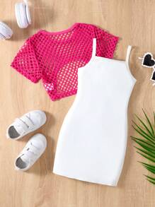 SHEIN 年輕女孩休閒運動圓領短孔背心和字母印花肩帶連衣裙夏季套裝 - 玫紅色 - 查看 2