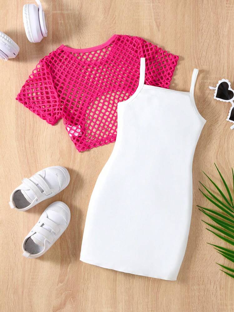 SHEIN Young Girl Casual Sports Round Neck Short Hole Vest And Letter Print Strappy Dress Summer Set - Hot Pink - View 2