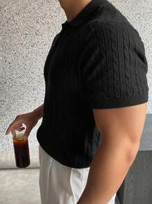 Men Plain Simple Casual Short Sleeve Knitted Top - Black - View 4