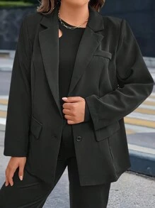 Calvaya 大尺碼翻領長袖西裝外套 - 黑色 - 查看 4