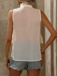 SHEIN VCAY Blusa casual de mujer de gasa con pliegues y encaje, sin mangas, de unicolor, para primavera/verano - Albaricoque - Ver 2