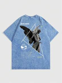 ROMWE MEN Street Life Men Casual Drop Shoulder T-Shirt With Angel Sculpture Print - Blue - View 1