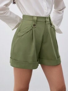 SHEIN Unity 女士實色鈕扣口袋短褲 - 軍綠色 - 查看 8