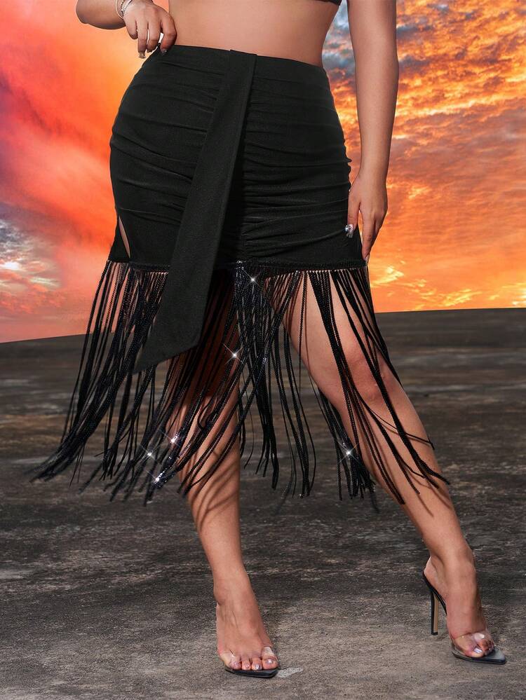 Plus Size Solid Color Ruched Fringe Sequin Tassel Hem Bodycon Slim Fit Concert Skirt,Music Festival,Date Night,Birthday,Bachelorette Party,Easy To Match Sexy Spring/Summer Vacation Skirt