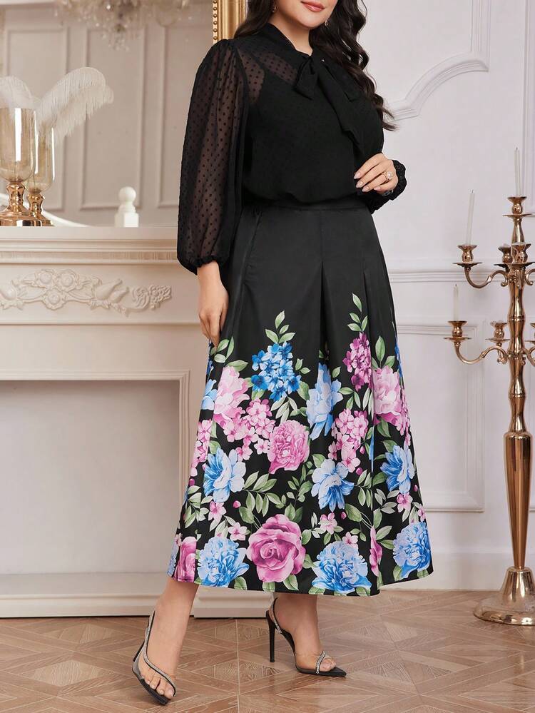 Modelyn Plus Size Women's Elegant Mesh Lantern Sleeve Tie-Neck Blouse And Floral Printed Skirt For Spring/Summer - Black - View 4