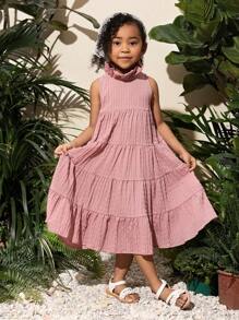 SHEIN 年輕女孩鬆身設計的休閒氣質，荷葉邊露肩無袖層次性假日連衣裙 - 粉色 - 查看 3