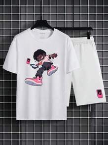 Conjunto De Camiseta E Shorts Com Estampa De Desenho Animado Para Homens No Verão