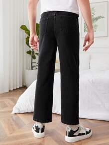 Teen Boy Basic Casual Elastic Waist Straight Leg Denim Jeans, Washed - Black - View 2