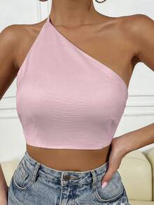 Allurite 女士夏季單色不對稱領口修身短款背心有開放式背部設計 - 粉色 - 查看 4