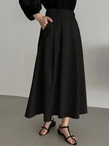 FRIFUL Women's Black Knee Length Skirt With Pockets - Black - View 1